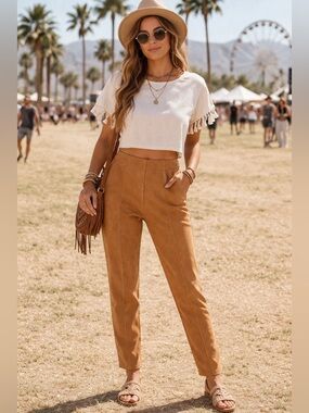 Premise Faux Suede Pants Caramel Tan Pull On Stretch Festival Small